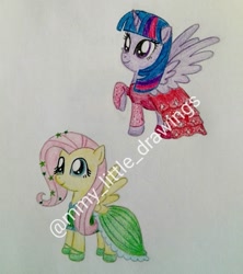 Size: 1080x1217 | Tagged: safe, artist:mmy_little_drawings, derpibooru import, fluttershy, twilight sparkle, twilight sparkle (alicorn), alicorn, pegasus, pony, clothes, dress, duo, eyelashes, female, gala dress, hoof shoes, horn, mare, raised hoof, raised leg, smiling, traditional art, watermark