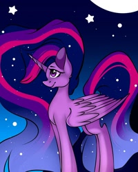 Size: 1080x1350 | Tagged: safe, alternate version, artist:tessa_key_, derpibooru import, princess twilight 2.0, twilight sparkle, twilight sparkle (alicorn), alicorn, pony, the last problem, colored, ethereal mane, female, full moon, horn, mare, moon, older, older twilight, smiling, starry mane, stars, wings