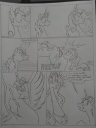 Size: 1944x2592 | Tagged: safe, artist:princebluemoon3, derpibooru import, oc, oc:king speedy hooves, oc:queen galaxia, alicorn, pony, comic:sisterly silliness, alicorn oc, black and white, blushing, canterlot, canterlot castle, castle, clothes, comic, commissioner:bigonionbean, confused, crossed hooves, cutie mark, dialogue, family, female, fusion, fusion:king speedy hooves, fusion:queen galaxia, grayscale, horn, husband and wife, jewelry, magic, male, mare, monochrome, pointing, regalia, royalty, sitting, spread wings, stallion, throne room, traditional art, wings, writer:bigonionbean