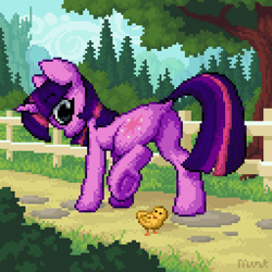 Size: 512x512 | Tagged: safe, artist:mintart, derpibooru import, twilight sparkle, unicorn twilight, bird, pony, unicorn, butt, canterlot, fence, frog (hoof), pixel art, plot, scenery, solo, tree, twibutt, underhoof