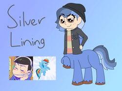 Size: 2048x1536 | Tagged: safe, artist:colorcodetheartist, derpibooru exclusive, derpibooru import, oc, oc:silver lining, centaur, crossover, crossover shipping, osomatsu-san, parent:karamatsu matsuno, parent:rainbow dash, parents:karadash, shipping, unshorn fetlocks