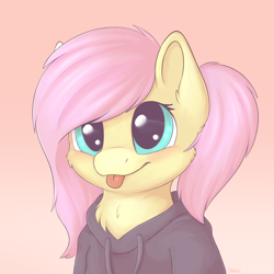 Size: 2048x2048 | Tagged: safe, artist:dbleki, derpibooru import, fluttershy, pegasus, pony, :p, alternate hairstyle, blushing, bust, cheek fluff, chest fluff, clothes, cute, daaaaaaaaaaaw, drawstrings, female, fluffy, fluffyball, gradient background, hoodie, looking at you, mare, portrait, redraw, shyabetes, solo, sweater, sweatershy, tongue, tongue out