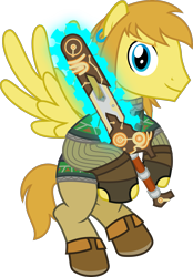 Size: 1387x1995 | Tagged: safe, artist:sketchmcreations, derpibooru import, pegasus, pony, chainsaw, clothes, flying, link, looking at you, male, ponified, simple background, smiling, stallion, the legend of zelda, the legend of zelda: breath of the wild, transparent background, vector