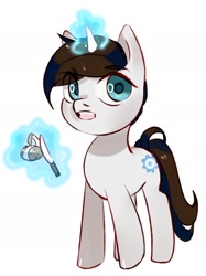 Size: 1500x2001 | Tagged: safe, artist:ekot, derpibooru import, oc, oc only, oc:heart void, unicorn, chibi, food, glowing horn, horn, knife, magic, male, oda 997, potato, simple background, solo, stallion, telekinesis