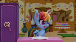 Size: 1920x1080 | Tagged: safe, derpibooru import, screencap, rainbow dash, pegasus, pony, cake off, my little pony: pony life, my little pony: stop motion short, dish, female, open mouth, shocked, solo, stop motion, sugarcube corner