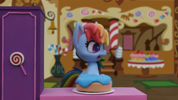 Size: 1920x1080 | Tagged: safe, derpibooru import, screencap, rainbow dash, pegasus, pony, cake off, my little pony: pony life, my little pony: stop motion short, cake, female, food, open mouth, shocked, solo, stop motion, sugarcube corner