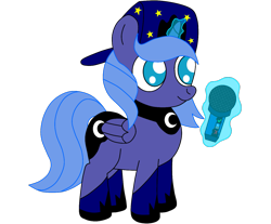 Size: 1489x1232 | Tagged: safe, artist:theunidentifiedchangeling, derpibooru import, princess luna, oc, oc:woon64, alicorn, pony, cap, closed mouth, eyes open, female, filly, friday night funkin', hat, horn, levitation, looking at something, magic, microphone, mouth closed, open eyes, simple background, solo, standing, stars, telekinesis, transparent background, wings, woona, younger