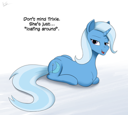 Size: 3000x2700 | Tagged: safe, artist:egstudios93, derpibooru import, trixie, pony, unicorn, bad joke, bad pun, lying down, ponyloaf, prone, pun, solo, wordplay