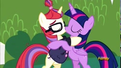 Size: 852x480 | Tagged: safe, artist:superedit, derpibooru import, edit, edited screencap, screencap, moondancer, twilight sparkle, twilight sparkle (alicorn), alicorn, pony, unicorn, amending fences, discovery family logo, fake screencap, female, kissing, lesbian, mare, shipping, twidancer