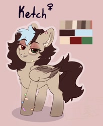 Size: 1330x1620 | Tagged: safe, artist:kebchach, derpibooru import, oc, oc only, oc:keetch, pegasus, pony, bandage, fangs, lidded eyes, looking at you, reference sheet, smiling, solo