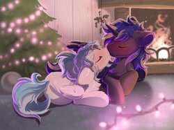 Size: 2048x1536 | Tagged: safe, artist:kebchach, derpibooru import, oc, oc only, alicorn, blushing, chest fluff, christmas, christmas tree, cuddling, eyes closed, female, fireplace, holiday, kissing, male, straight, tree