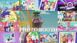 Size: 1280x721 | Tagged: safe, derpibooru import, edit, edited screencap, editor:quoterific, screencap, applejack, fluttershy, pinkie pie, rainbow dash, rarity, sci-twi, sunset shimmer, trixie, twilight sparkle, human, equestria girls, equestria girls series, rollercoaster of friendship, applejack's hat, boots, bowtie, bracelet, clothes, converse, cowboy boots, cowboy hat, crossed arms, cutie mark, cutie mark on clothes, denim skirt, duo, duo female, eyes closed, female, geode of empathy, geode of fauna, geode of shielding, geode of sugar bombs, geode of super speed, geode of super strength, geode of telekinesis, glasses, guitar, hairpin, hands on hip, hat, holding hands, hoodie, humane five, humane seven, humane six, jacket, jewelry, laughing, leather, leather jacket, magical geodes, microphone, musical instrument, necklace, open mouth, photo booth, photo booth (song), ponied up, ponytail, rarity peplum dress, roller coaster, shipping fuel, shoes, singing, skirt, tanktop, the rainbooms