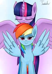 Size: 2480x3507 | Tagged: safe, artist:twidasher, derpibooru import, rainbow dash, twilight sparkle, twilight sparkle (alicorn), alicorn, pegasus, pony, chest fluff, duo, eyes closed, female, gradient background, height difference, lesbian, looking at you, shipping, signature, size difference, spread wings, twidash, wings