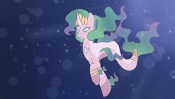 Size: 1920x1080 | Tagged: safe, artist:kenzieva, derpibooru import, oc, oc only, pony, seapony (g4), unicorn, blue eyes, bubble, crepuscular rays, crown, dorsal fin, female, fish tail, flowing mane, flowing tail, horn, jewelry, ocean, regalia, seaponified, smiling, solo, species swap, swimming, tail, underwater, water
