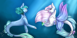 Size: 2132x1060 | Tagged: safe, artist:ladyfok, derpibooru import, oc, oc only, pony, seapony (g4), bubble, clothes, commission, crepuscular rays, dorsal fin, female, fins, fish tail, flower, flowing mane, flowing tail, looking at each other, ocean, open mouth, purple eyes, seaponified, see-through, smiling, species swap, sunlight, swimming, tail, underwater, water, wings