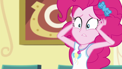 Size: 1280x720 | Tagged: safe, derpibooru import, screencap, pinkie pie, best trends forever, best trends forever: pinkie pie, better together, equestria girls, clothes, cutie mark, cutie mark on clothes, female, geode of sugar bombs, jewelry, magical geodes, necklace, solo, tanktop