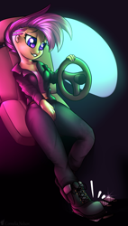 Size: 1479x2608 | Tagged: safe, artist:cornelia_nelson, derpibooru import, scootaloo, equestria girls, boots, car, clothes, driving, jacket, leather jacket, older, older scootaloo, pedal, pedal pump, punk, shoes, smiling