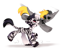 Size: 2300x2000 | Tagged: safe, artist:zlatavector, derpibooru import, oc, oc only, oc:tlen borowski, earth pony, pegasus, pony, zebra, trade, zebra oc