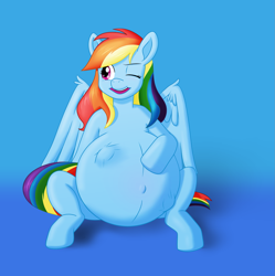 Size: 1833x1839 | Tagged: safe, artist:parturient, derpibooru exclusive, derpibooru import, rainbow dash, pegasus, pony, belly, belly button, big belly, female, happy, hoof on belly, huge belly, kicking, mare, one eye closed, outie belly button, preggo dash, pregnant, simple background, sitting, wink