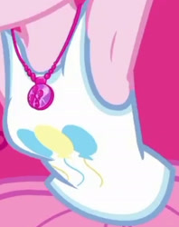 Size: 1920x2430 | Tagged: safe, derpibooru import, screencap, pinkie pie, better together, equestria girls, rollercoaster of friendship, armpits, boobshot, breasts, clothes, cropped, cutie mark, cutie mark on clothes, female, geode of sugar bombs, jewelry, magical geodes, necklace, pictures of chests, solo, tanktop