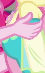 Size: 1920x3127 | Tagged: safe, derpibooru import, screencap, fluttershy, pinkie pie, better together, equestria girls, rollercoaster of friendship, boobshot, breasts, cropped, female, geode of fauna, jewelry, magical geodes, necklace, pictures of chests