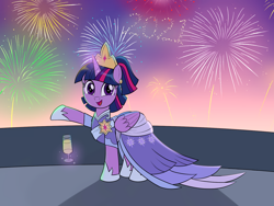 Size: 1600x1200 | Tagged: safe, artist:mew-me, derpibooru import, edit, twilight sparkle, twilight sparkle (alicorn), alicorn, pony, the last problem, 2021, alternate hairstyle, champagne glass, clothes, coronation dress, crown, cute, dress, ear piercing, earring, female, fireworks, glowing horn, happy, happy new year, holiday, hoof shoes, horn, jewelry, looking at you, magic, mare, open mouth, piercing, regalia, second coronation dress, smiling, solo, telekinesis, twiabetes