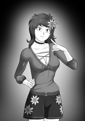 Size: 3541x5016 | Tagged: safe, alternate version, artist:symptom99, derpibooru import, wallflower blush, equestria girls, boob freckles, breasts, chest freckles, cleavage, clothes, female, flower, flower in hair, freckles, monochrome, shorts, wallflower's festival outfit