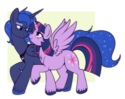 Size: 933x734 | Tagged: safe, artist:lulubell, derpibooru import, princess luna, twilight sparkle, twilight sparkle (alicorn), alicorn, pony, boop, chest fluff, ethereal mane, eye contact, female, freckles, lesbian, looking at each other, mare, noseboop, shipping, smiling, spread wings, starry mane, starry tail, twiluna, unshorn fetlocks, wings