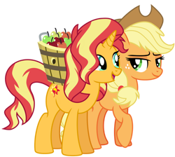 Size: 1024x917 | Tagged: safe, artist:emeraldblast63, derpibooru import, applejack, sunset shimmer, earth pony, pony, unicorn, apple, basket, duo, female, food, friends, mare, simple background, transparent background