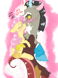 Size: 899x1200 | Tagged: safe, artist:cocolove2176, derpibooru import, discord, fluttershy, draconequus, pegasus, pony, abstract background, blushing, discoshy, eyes closed, female, heart, hug, male, mare, onomatopoeia, shipping, sleeping, smiling, sound effects, straight, wings, zzz