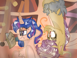 Size: 1200x899 | Tagged: safe, artist:cocolove2176, derpibooru import, oc, oc only, oc:coraliss rose, alicorn, draconequus, hybrid, pony, alicorn oc, book, bookshelf, chest fluff, duo, female, frown, horn, indoors, interspecies offspring, mare, offspring, parent:discord, parent:flash sentry, parent:fluttershy, parent:twilight sparkle, parents:discoshy, parents:flashlight, reading, smiling, unamused, upside down, wings
