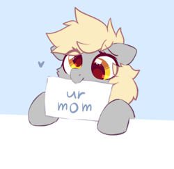 Size: 496x483 | Tagged: safe, artist:mirtash, edit, edited edit, derpy hooves, pegasus, pony, blonde, blonde mane, blue background, cute, derpabetes, female, golden eyes, heart, image, mare, mouth hold, png, sign, simple background, smiling, solo, ur mom, your mom