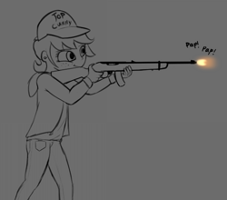 Size: 998x879 | Tagged: safe, artist:permpony, oc, oc only, oc:susie supreme, human, clothes, freckles, gray background, grayscale, gun, hat, hoodie, humanized, humanized oc, monochrome, onomatopoeia, pants, ruger 10/22, shirt, simple background, solo, top cunt, vulgar, weapon