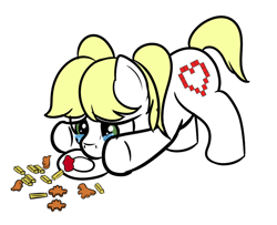 Size: 892x723 | Tagged: safe, artist:trash anon, oc, oc only, oc:philia, earth pony, pony, blonde, blonde mane, blonde tail, chicken meat, chicken nugget, crying, female, filly, food, french fries, green eyes, ketchup, loss (meme), meat, plate, sad, sauce, simple background, solo, underhoof, white background