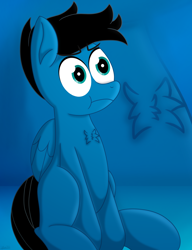 Size: 5156x6720 | Tagged: safe, artist:agkandphotomaker2000, derpibooru import, oc, oc:pony video maker, pegasus, pony, :t, black mane, black tail, blue coat, chest fluff, close-up, folded wings, male, raised head, shrunken pupils, simple background, sitting, small chest fluff, stallion, unamused, wings