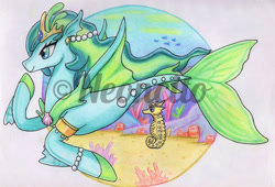 Size: 1280x872 | Tagged: safe, artist:neoncito, derpibooru import, oc, oc only, fish, seahorse, seapony (g4), blue eyes, coral, crown, dorsal fin, female, fin wings, fins, fish tail, flowing mane, flowing tail, jewelry, logo, necklace, ocean, pearl, regalia, seashell, seaweed, smiling, solo, swimming, tail, underwater, water, watermark, wings