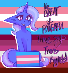 Size: 658x702 | Tagged: safe, artist:raya, derpibooru import, trixie, pony, unicorn, female, headcanon, lesbian pride flag, lgbt headcanon, mouthpiece, pride, pride flag, sitting, solo, trans, trans female, trans rights, trans trixie, transgender, transgender pride flag