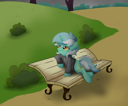 Size: 5300x4390 | Tagged: safe, artist:background basset, derpibooru import, lyra heartstrings, pony, unicorn, fanfic:background pony, bench, bush, clothes, depressed, dig the swell hoodie, female, hoodie, mare, park, solo, tree