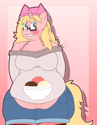 Size: 1708x2204 | Tagged: safe, alternate version, artist:icecreamjaxxie, derpibooru import, oc, oc only, oc:mille feuille, anthro, pony, unguligrade anthro, unicorn, anthro oc, bbw, belly hang, chest freckles, chubby, clothes, cutie mark, cutie mark on clothes, fat, food, freckles, glasses, hands behind back, hat, ice cream, off shoulder, off shoulder sweater, sfw edit, shorts, shoulder freckles, smiling, socks, solo, striped socks, sweater, teeth