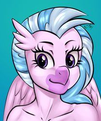 Size: 546x654 | Tagged: safe, artist:pia-sama, derpibooru import, silverstream, anthro, hippogriff, blue background, bust, female, looking at you, portrait, simple background, solo