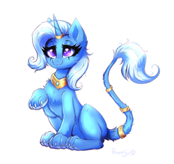 Size: 3590x3379 | Tagged: safe, artist:confetticakez, derpibooru import, trixie, sphinx, unicorn, chest fluff, collar, female, horn, horn ring, jewelry, leonine tail, lidded eyes, magic suppression, mare, paws, ring, simple background, sitting, smiling, solo, species swap, sphinxie, sphinxified, white background