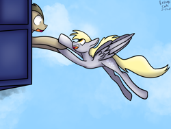 Size: 2048x1536 | Tagged: safe, artist:revenge.cats, derpibooru import, derpy hooves, doctor whooves, earth pony, pegasus, pony, doctor who, doctorderpy, female, flying, holding hooves, male, shipping, shock, sky, smiling, straight, tardis, wings