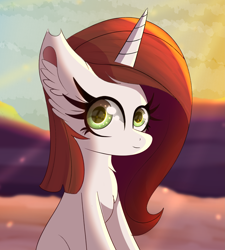 Size: 3945x4378 | Tagged: safe, artist:windykirin, derpibooru import, oc, oc only, oc:brittneigh ackermane, pony, unicorn, chest fluff, ear fluff, ears, female, looking at you, smiling, solo, sunset