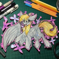 Size: 1080x1080 | Tagged: safe, alternate version, artist:moshi.poni, derpibooru import, derpy hooves, pegasus, pony, chest fluff, colored, ear fluff, ears, eyelashes, female, mare, open mouth, signature, smiling, solo, traditional art, wings