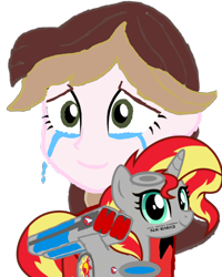 Size: 688x861 | Tagged: artist needed, safe, artist:jrshinkansenhorse, derpibooru exclusive, derpibooru import, edit, sunset shimmer, oc, oc:captain becky ray shoichet, human, object pony, pony, unicorn, better together, equestria girls, awww, crying, cuddling, cute, female, mare, plushie, rebecca shoichet, recolor, shimmerbetes, simple background, spaceship, spaceship ponies, star trek, star trek: sunset shimmer, starfleet, transparent background, uss sunset shimmer