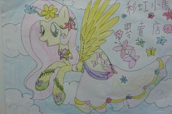 Size: 600x399 | Tagged: safe, derpibooru import, fluttershy, butterfly, chinese, clothes, dress, gala dress, solo, traditional art