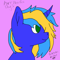 Size: 1024x1024 | Tagged: safe, artist:globlet_, derpibooru import, oc, oc only, oc:scribbling ink, pony, unicorn, cute, male, mane, poofy mane, practice, sideprofile, smiling, solo