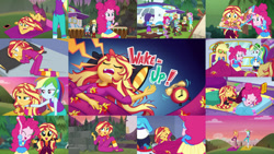 Size: 1280x722 | Tagged: safe, derpibooru import, edit, edited screencap, editor:quoterific, screencap, applejack, fluttershy, pinkie pie, rainbow dash, rarity, spike, spike the regular dog, sunset shimmer, dog, better together, equestria girls, wake up!, wake up!: applejack, wake up!: pinkie pie, wake up!: rainbow dash, barefoot, blanket, clothes, cutie mark, cutie mark on clothes, donut, eyes closed, feet, food, geode of empathy, geode of fauna, geode of shielding, geode of sugar bombs, geode of super speed, geode of super strength, humane five, jewelry, magical geodes, music festival outfit, necklace, pants, sleeping, yoga, yoga pants