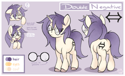 Size: 4100x2500 | Tagged: safe, artist:flutterbree, derpibooru import, oc, oc:double negative, unicorn, bed hair, cutie mark, excited, glasses, math, purple background, reference sheet, simple background, sleepy, solo