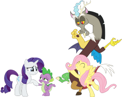 Size: 2950x2344 | Tagged: safe, artist:georgegarza01, artist:spottedlions, derpibooru import, edit, discord, fluttershy, rarity, spike, draconequus, dragon, pegasus, pony, unicorn, dragon dropped, cute, discoshy, female, holding claws, holding hands, holding hooves, hug, interspecies, male, shipping, simple background, smiling, sparity, straight, transparent background, vector, winged spike